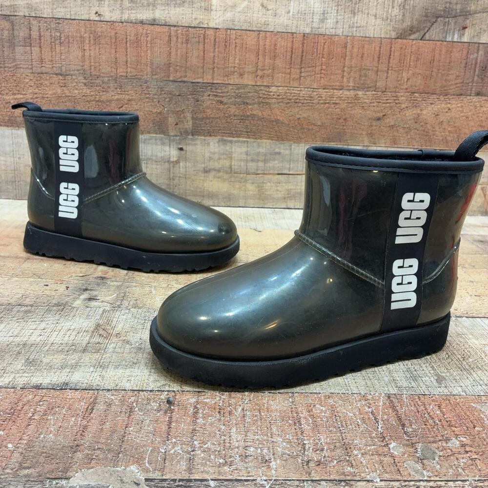 UGG 1113190 Rain Boots Womens Size 6 37 Black Rubber Ankle Waterproof Shearling